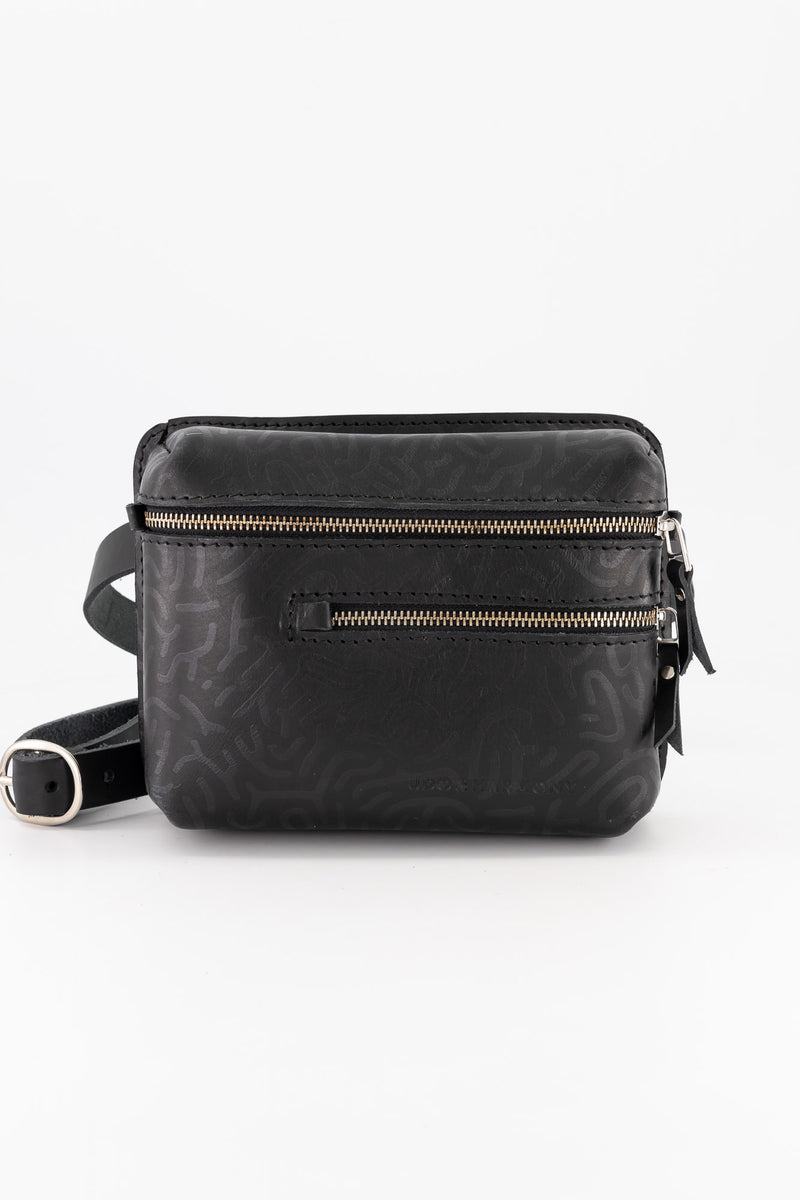 The Khaya Leather Waistbag - The Encounter Print - Black on Black