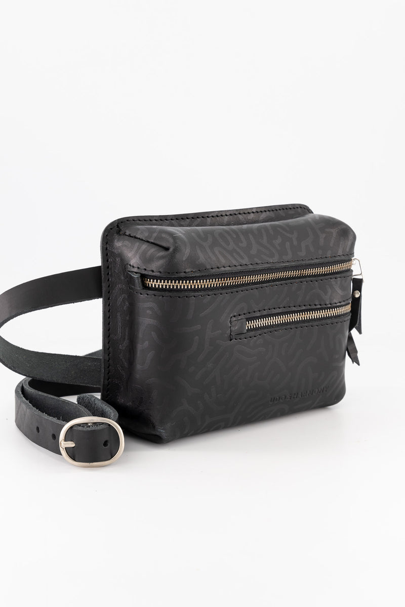 The Khaya Leather Waistbag - The Encounter Print - Black on Black