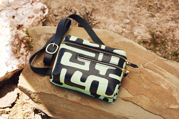The Khaya Leather Waistbag - Green Kuba Print